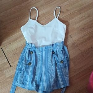 NWT Almost Famous Short Jumpsuit Blue White Stripes Designs Size XL